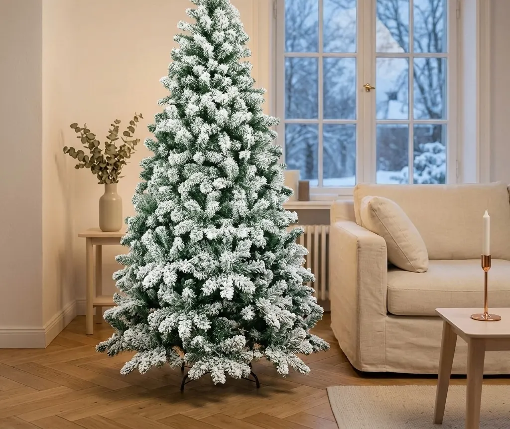 Beschneiter künstlicher Weihnachtsbaum in einem hellen Wohnzimmer