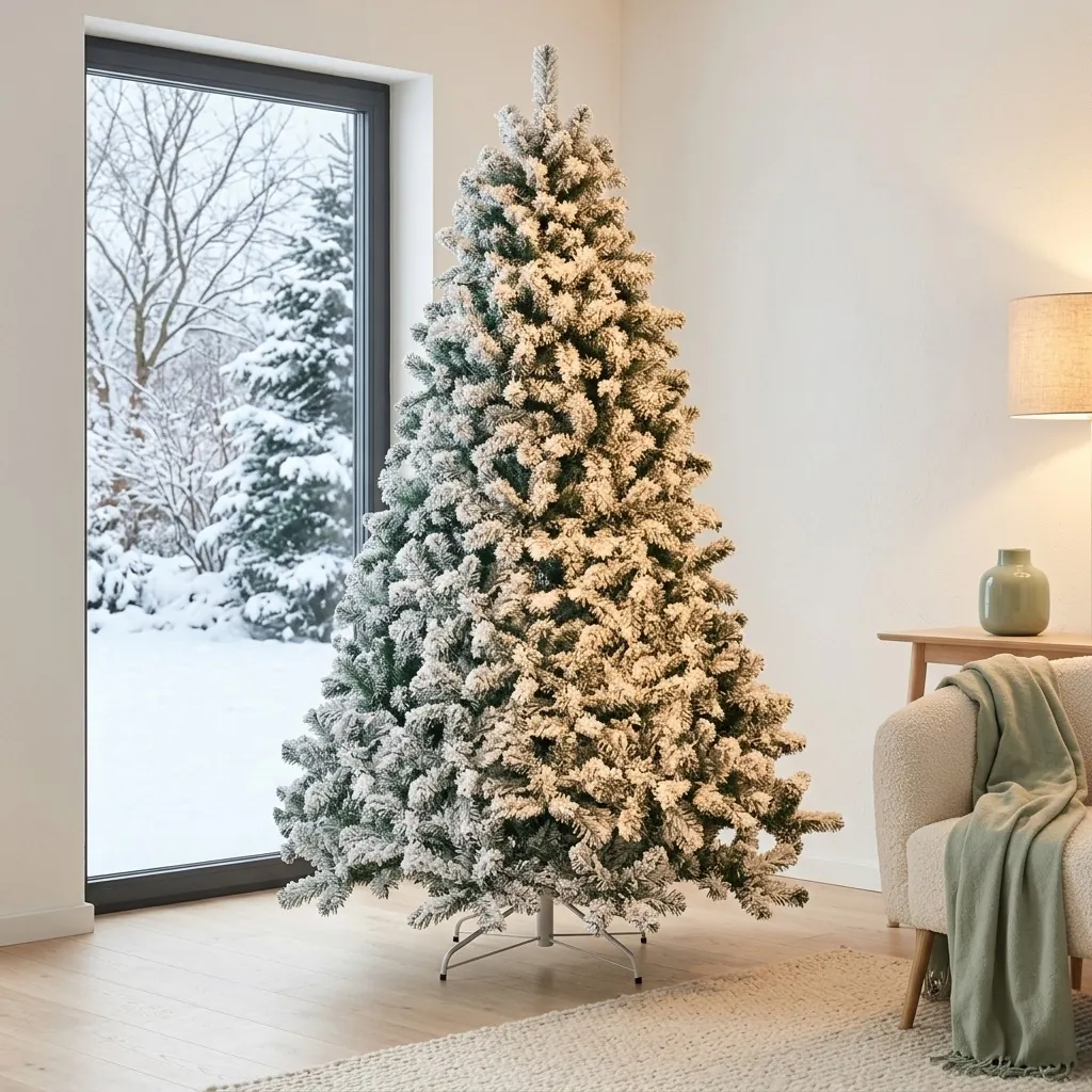Beschneiter künstlicher Weihnachtsbaum vor einer Fensterfront mit Blick in einen verschneiten Garten