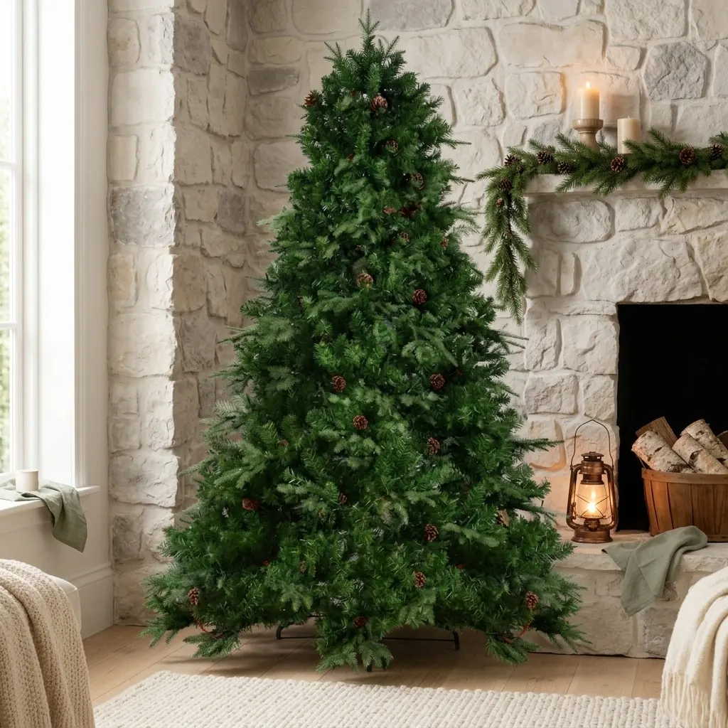 Künstlicher Weihnachtsbaum mit Tannenzapfen vor einem Kamin