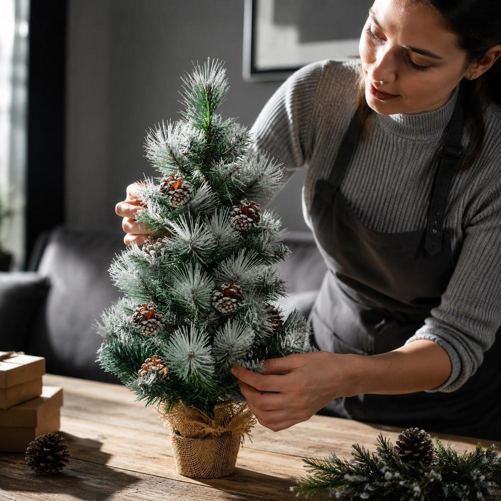 Kleiner Künstlicher Weihnachtsbaum mit Schnee und Zapfen, 60 cm im Jutesack