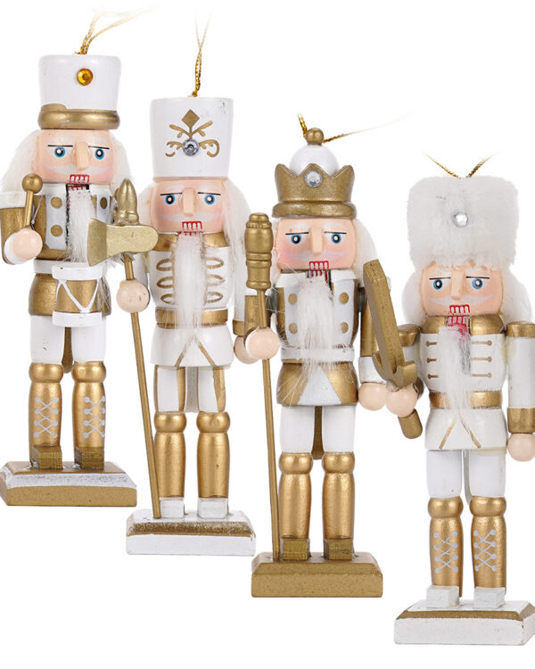 Nussknacker Deko Modern, 12 cm Baumschmuck Figuren in Weiß und Gold, Set