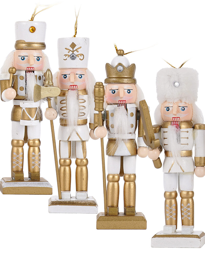 Nussknacker Deko Modern, 12 cm Baumschmuck Figuren in Weiß und Gold, Set