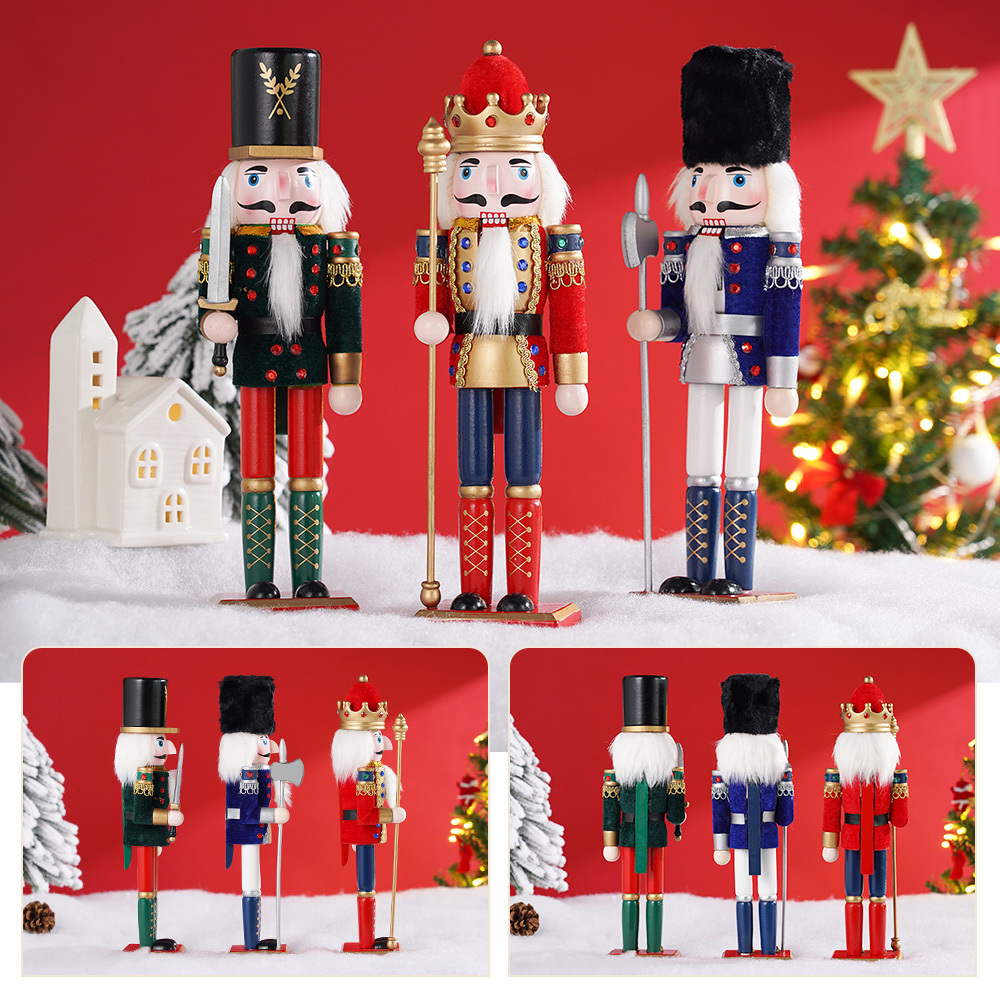 Nussknacker Figur Holz 30 cm mit Fellmütze, Blau Rot Grün oder 3er Set