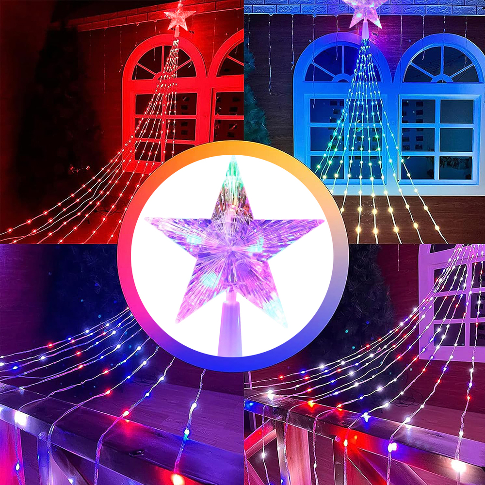 Solar Lichterkette Außen, LED Kaskaden Weihnachtsbaum mit Stern, 2 und 3 m